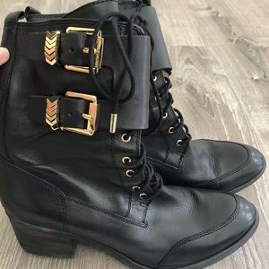 Donald J Pliner black combat moto boots leather heel 9.5